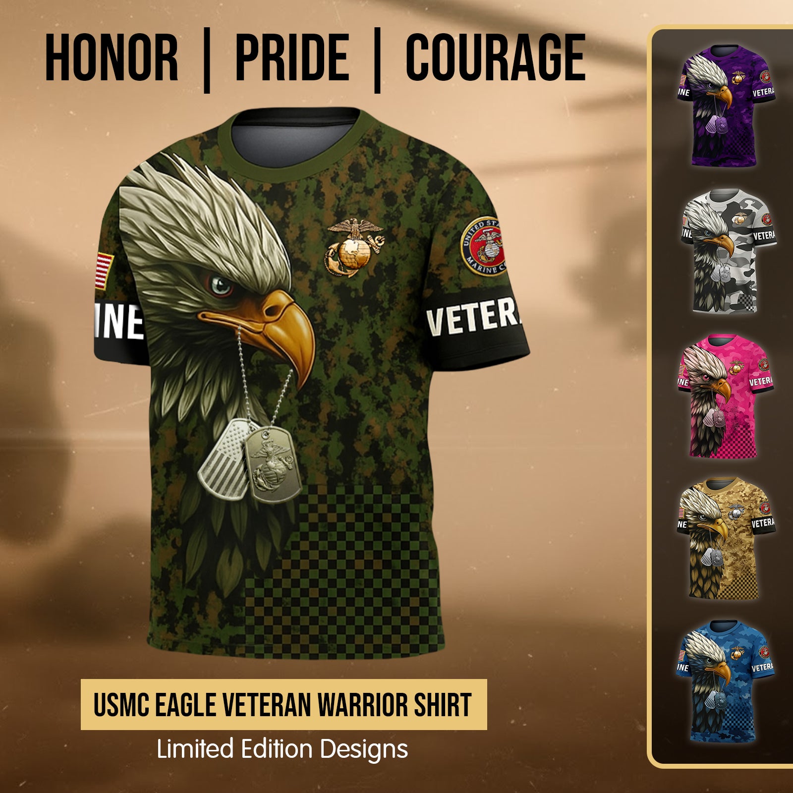USMC Eagle Veteran Warrior Shirt - Full Print Camouflage