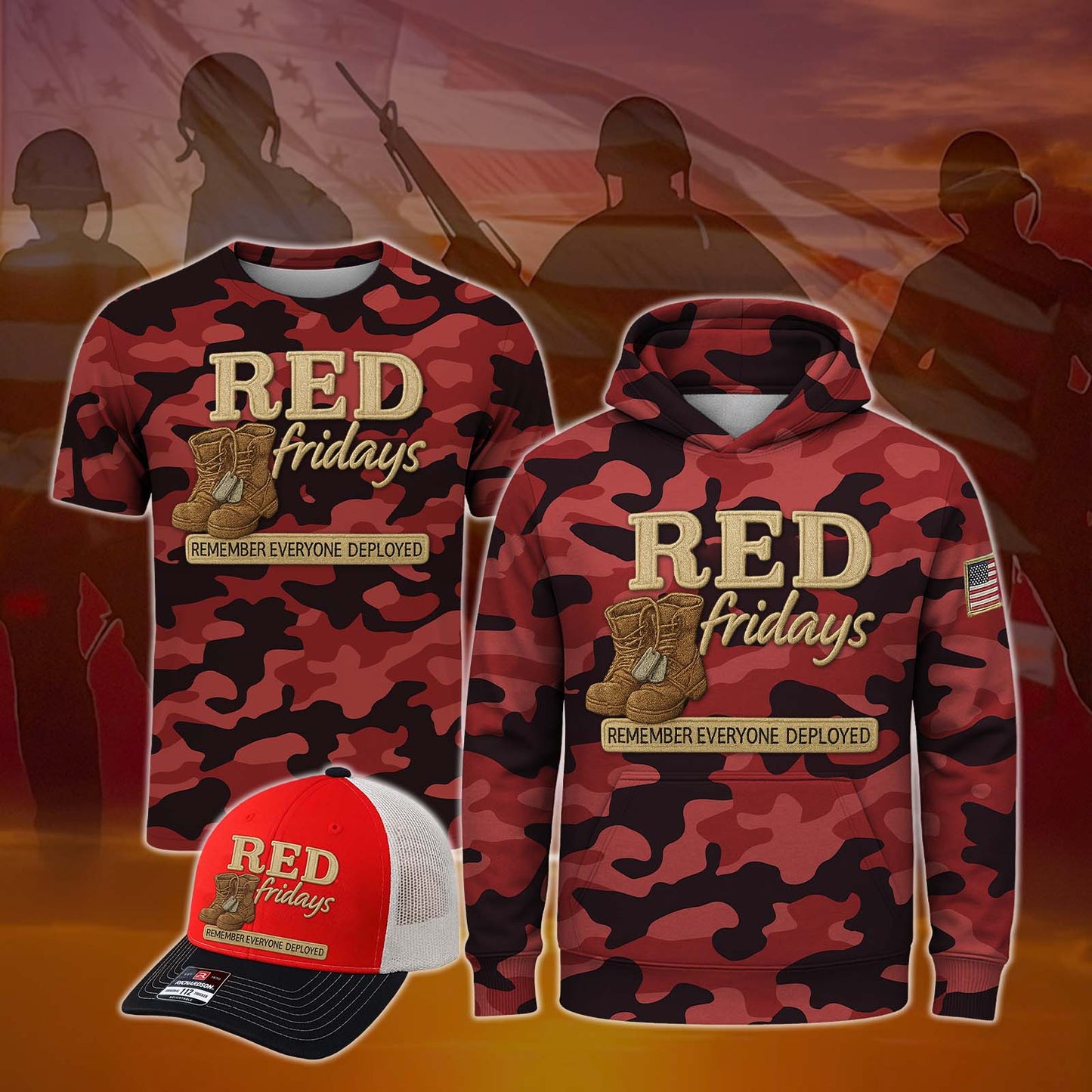 Red Friday All-Over Print Camouflage Apparel Set (T-Shirt, Hoodie, & Cap)