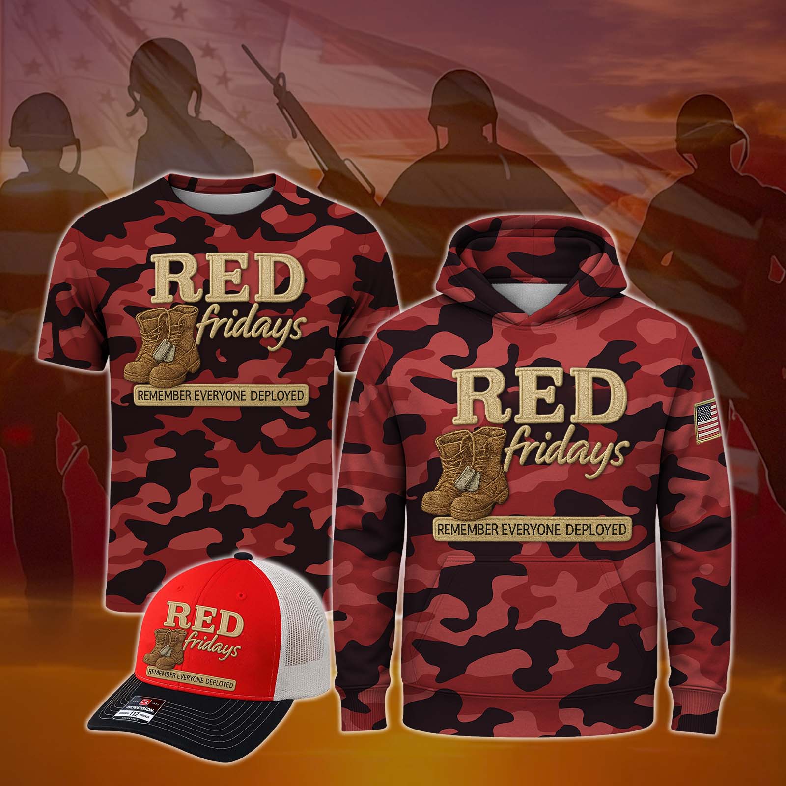 Red Friday All-Over Print Camouflage Apparel Set (T-Shirt, Hoodie, & Cap)