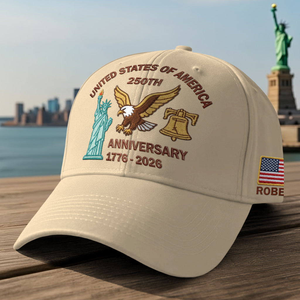 250th anniversary embroidered cap featuring iconic American symbols and vibrant embroidery