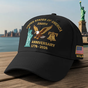 Black 250th anniversary embroidered cap featuring Liberty Bell and eagle designs