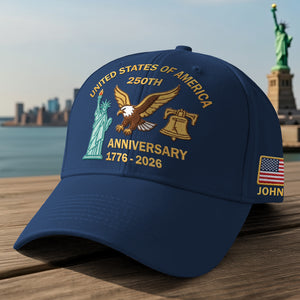 Navy blue 250th anniversary embroidered cap featuring Statue of Liberty, eagle, and flag detail