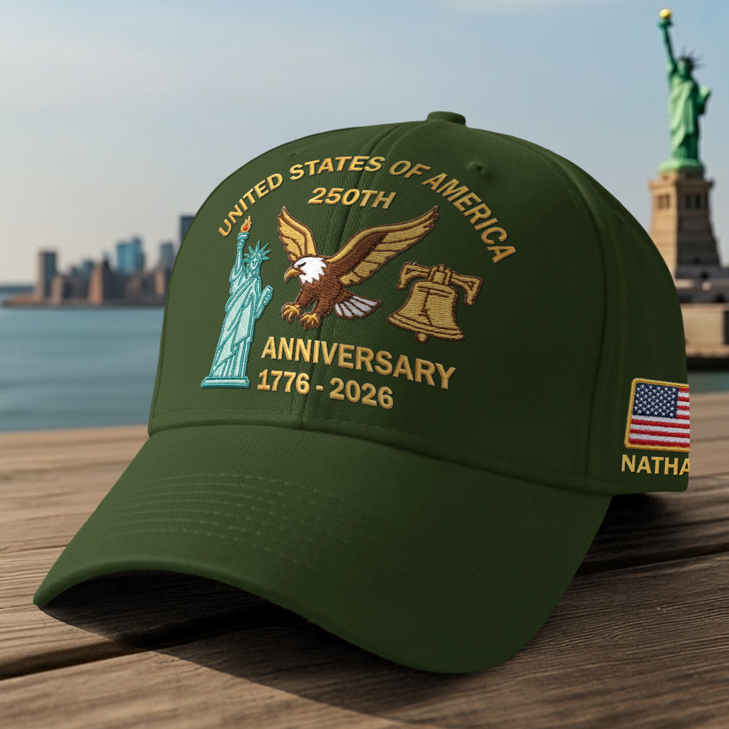 250th anniversary embroidered cap featuring symbols of freedom and the USA flag
