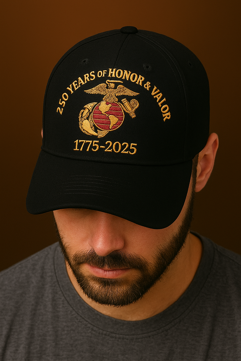 365Gifty 250th Anniversary Hat black cap with gold embroidery celebrating 1775-2025 honor and valor