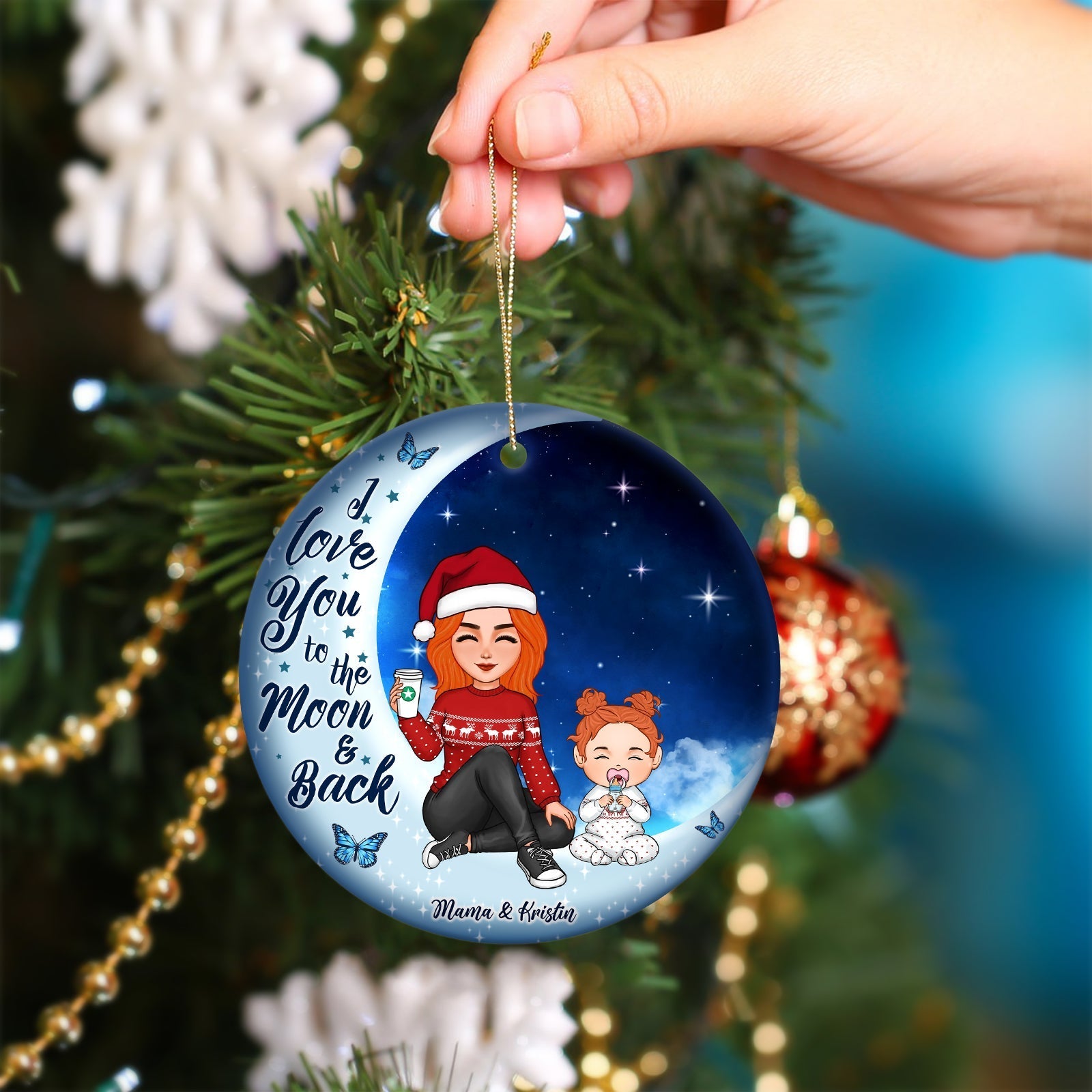 Family - I Love You To The Moon & Back - Personalized Ceramic Ornament