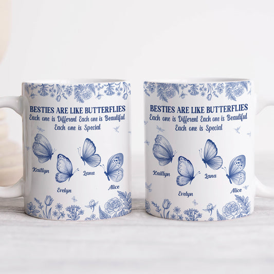 Pair of white mugs with blue butterfly art and custom names Besties are like butterflies personalized gift for friends and sisters