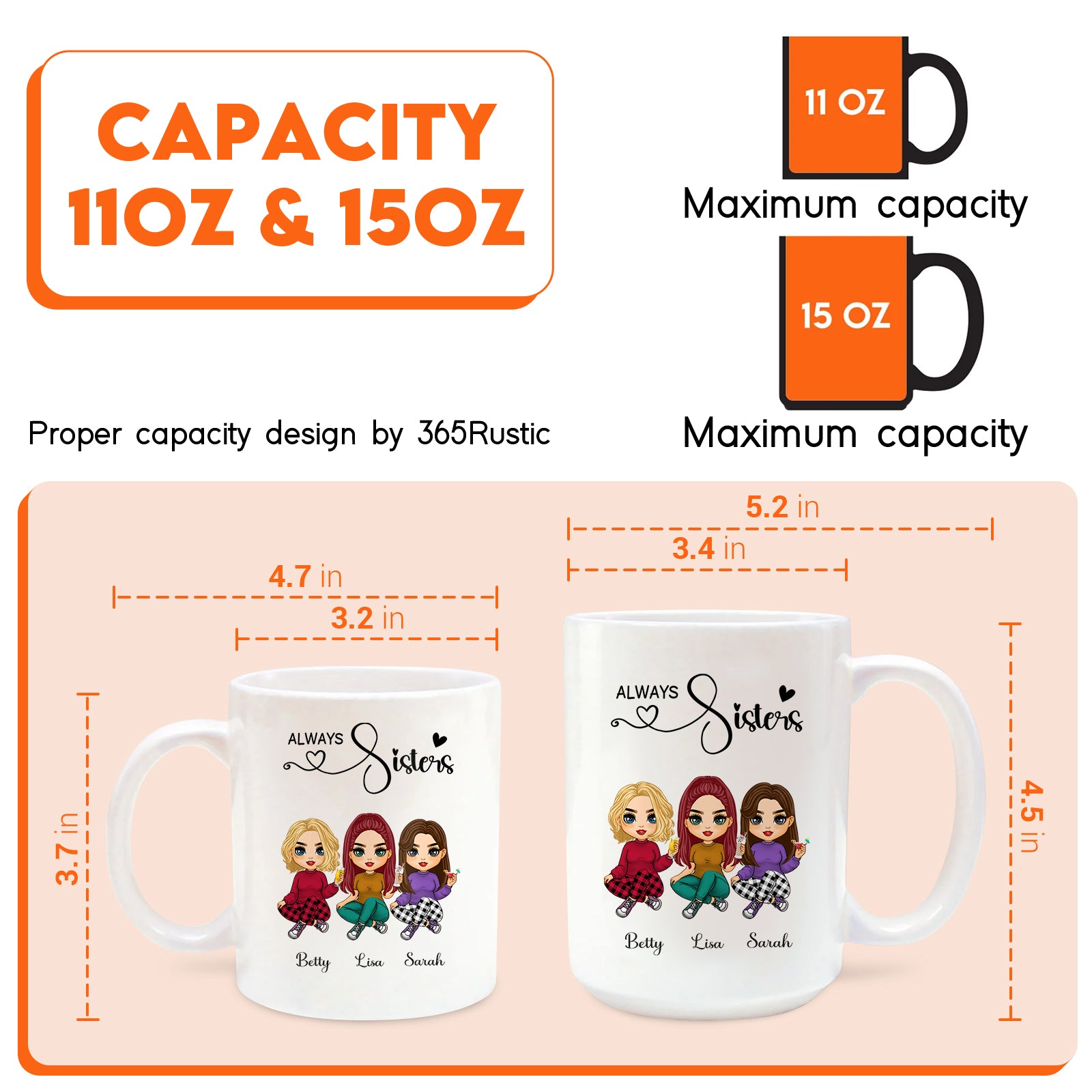 always sisters gift mug showing two white ceramic mugs 11 oz and 15 oz with cartoon three sisters and names