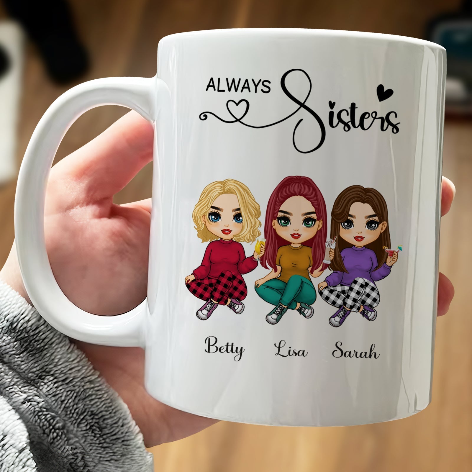 365Gifty always sisters gift mug white ceramic held in hand showing three cartoon sisters Betty Lisa Sarah