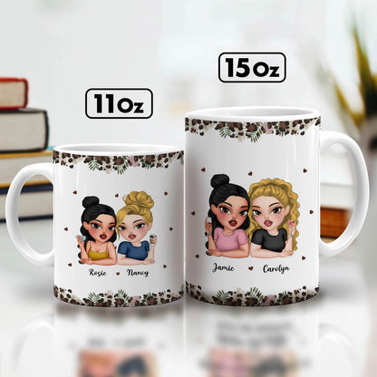 Personalized 11oz and 15oz white mugs showing cartoon best friends with names and floral border custom bestie coffee cup gift