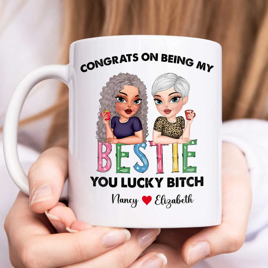 custom bestie gift white ceramic mug with two cartoon women text You lucky bitch and printed names ideal gift for friend