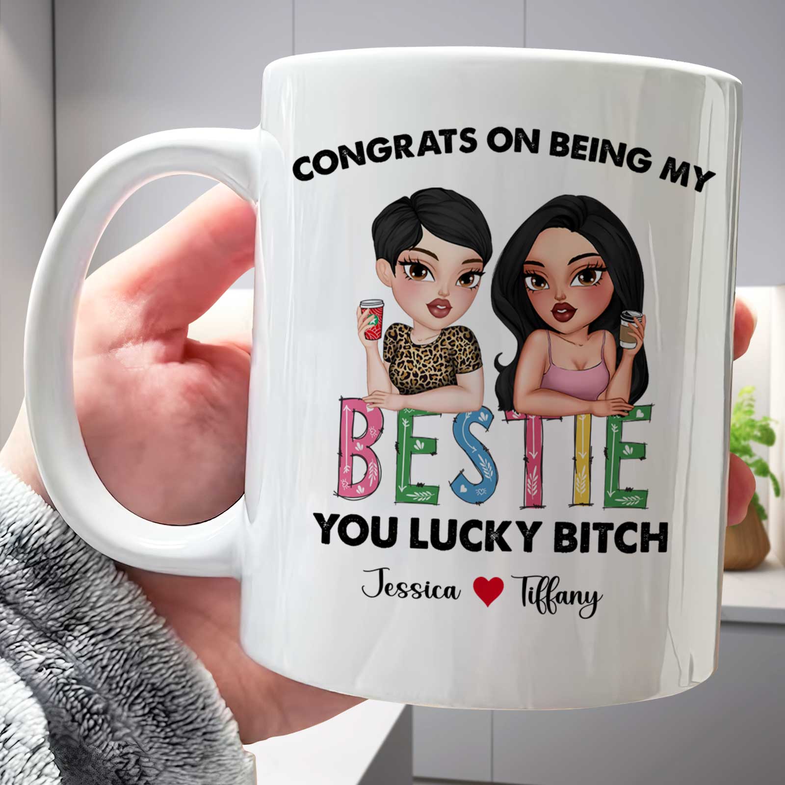 365Gifty white ceramic mug with cartoon two women and Congrats on Being My Bestie design custom bestie gift