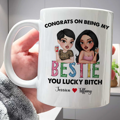 365Gifty white ceramic mug with cartoon two women and Congrats on Being My Bestie design custom bestie gift