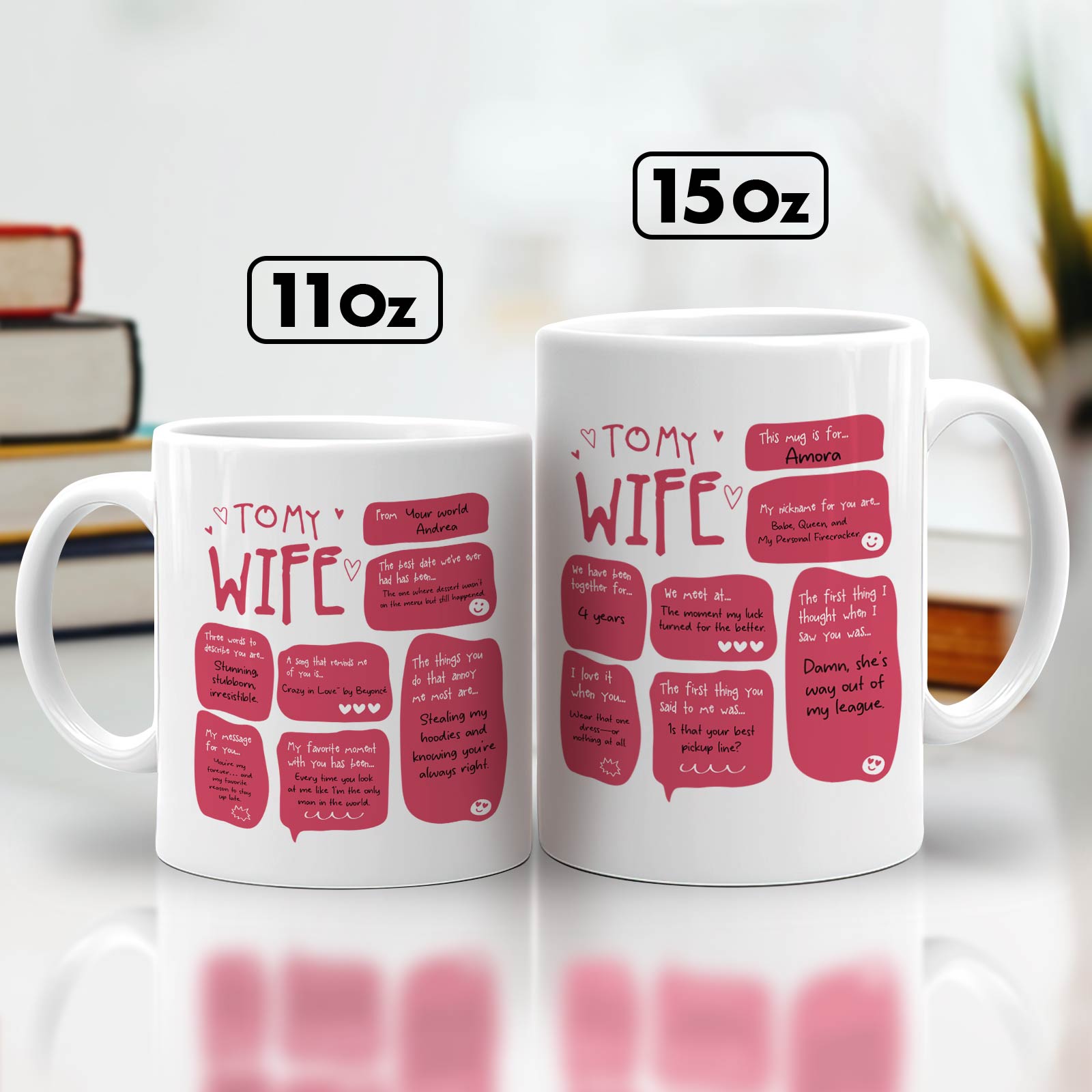 White 11oz and 15oz To My Wife message mugs with pink chat bubbles custom boyfriend girlfriend gift mug