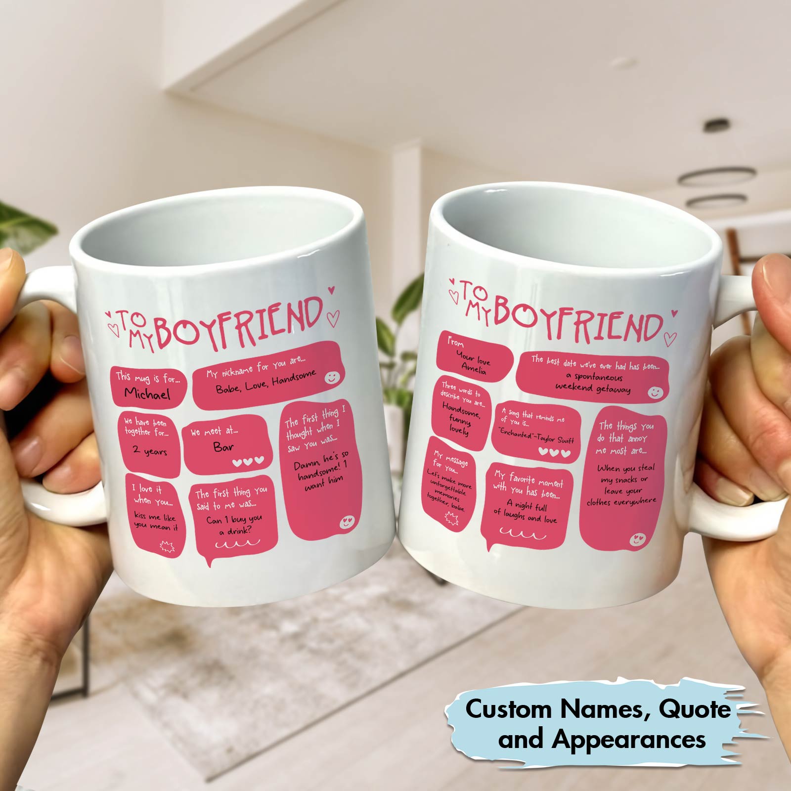 Two white personalized mugs with pink chat bubble messages held in hands custom boyfriend girlfriend gift mug