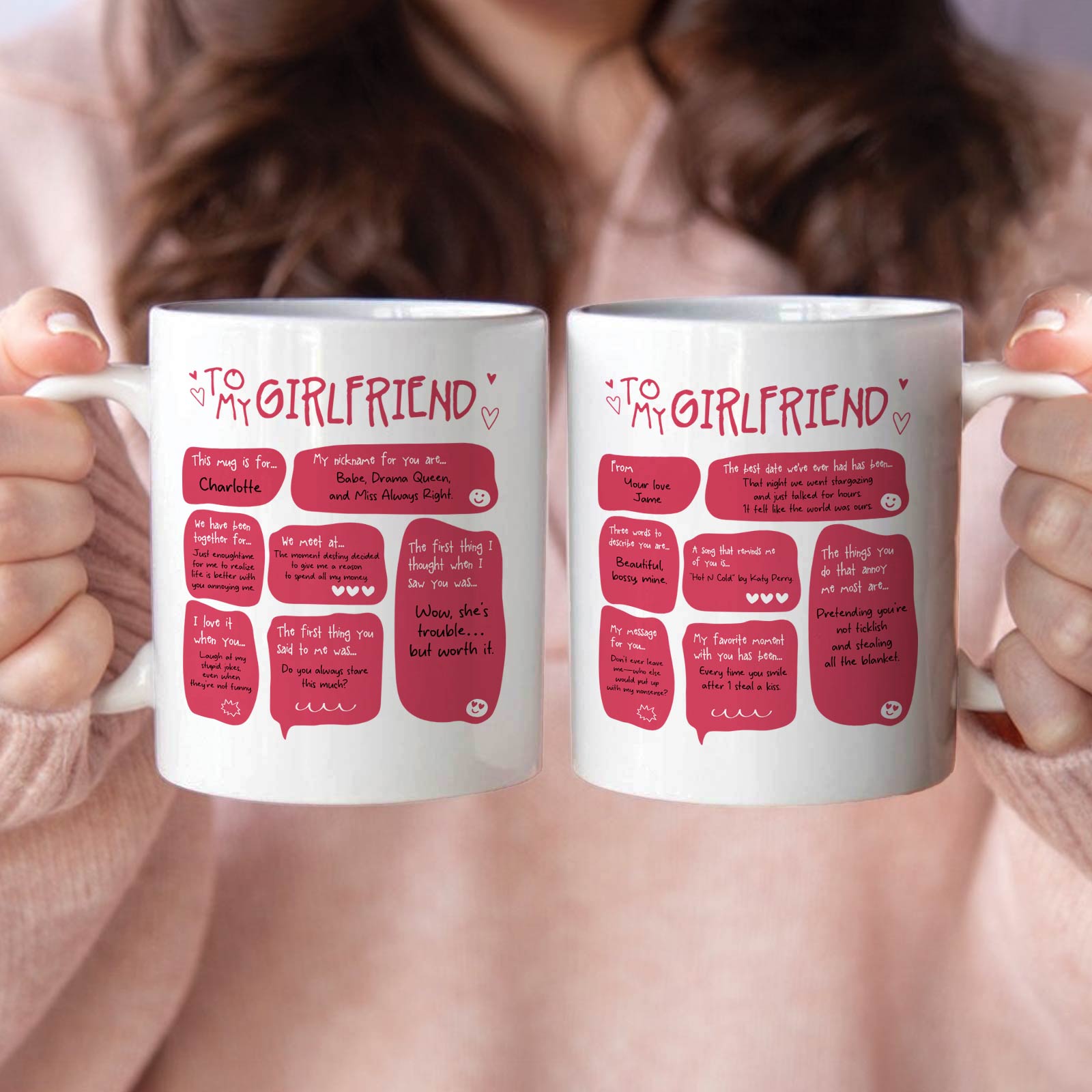 Two white To My Girlfriend message mugs held by a woman in pink sweater custom boyfriend girlfriend gift mug