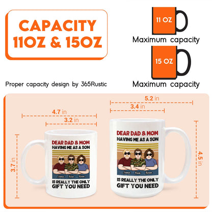 custom family gift mug 11oz and 15oz with illustrated parents and son design and printed size dimensions
