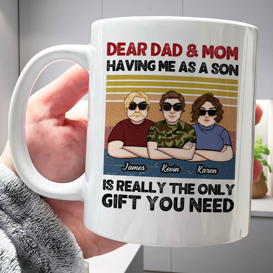 custom family gift mug Dear Dad and Mom Having Me As A Son design showing three cartoon sons with names