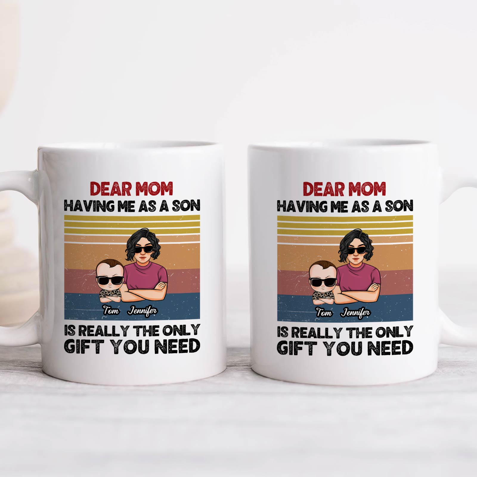 Two white custom family gift mug featuring retro stripes and cartoon mom and son with names