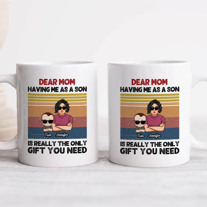 Two white custom family gift mug featuring retro stripes and cartoon mom and son with names