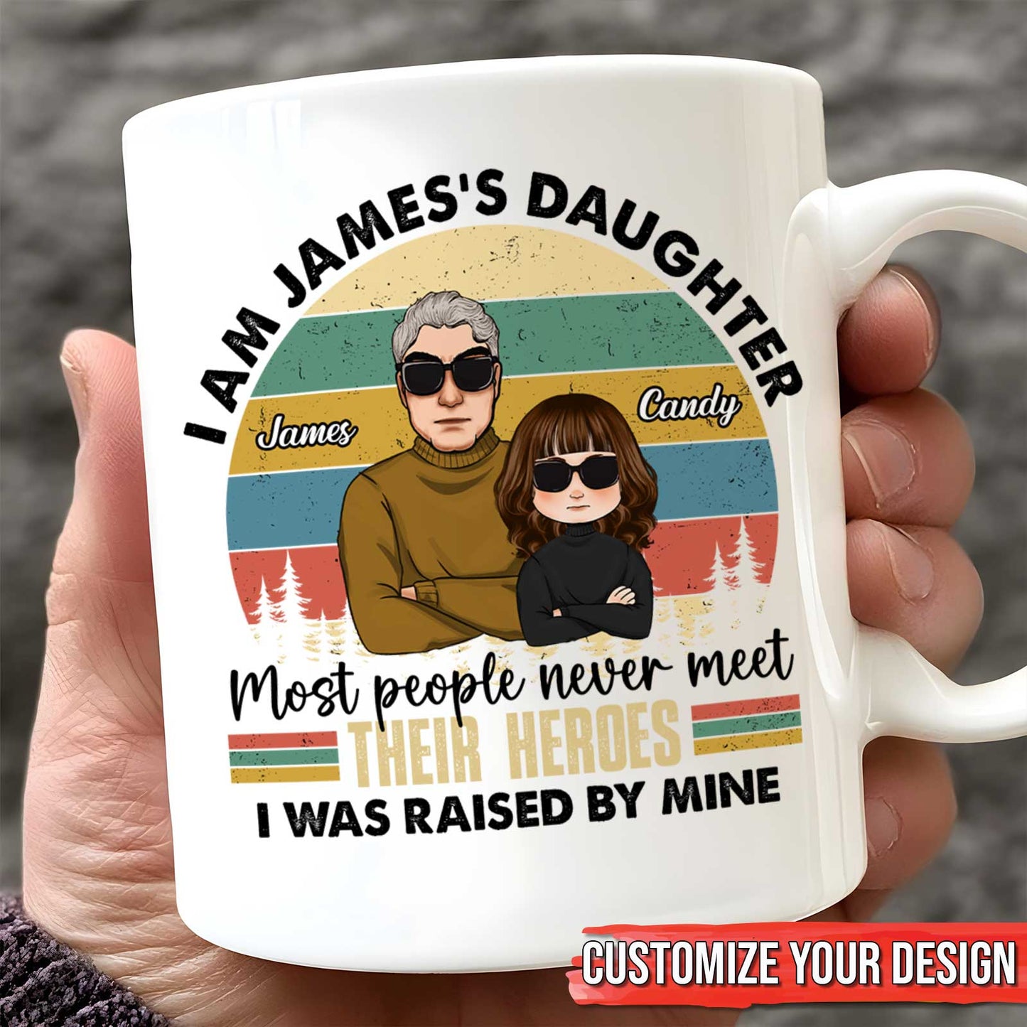 365Gifty custom family quote mug gift white ceramic mug held in hand showing cartoon dad and daughter with retro sunset