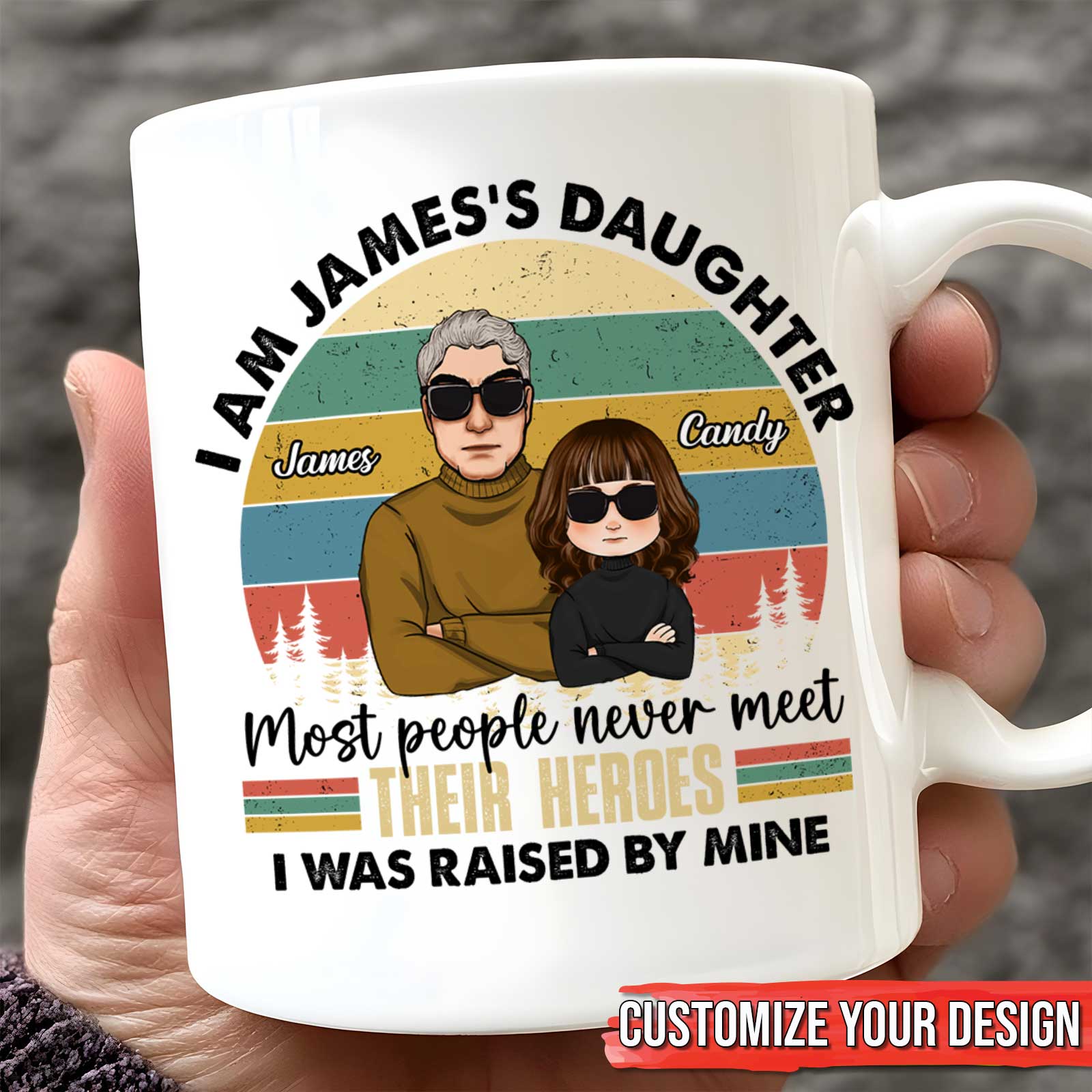 365Gifty custom family quote mug gift white ceramic mug held in hand showing cartoon dad and daughter with retro sunset