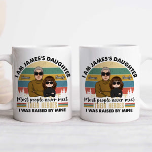 White ceramic custom family quote mug gift showing father and daughter cartoon with retro sunset hero message