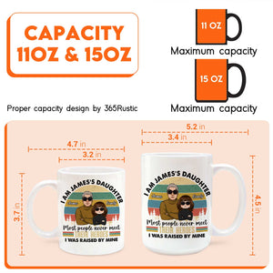 White 11oz and 15oz ceramic mugs with retro portrait and personalized text I am Jamess daughter custom family quote mug gift