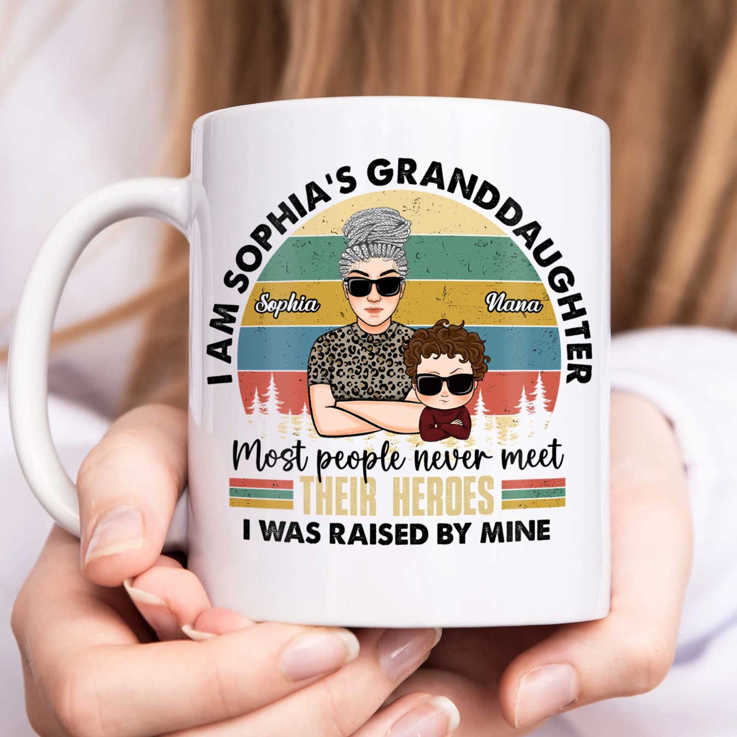 White I am Sophias granddaughter mug with retro Nana and grandchild illustration and custom family quote mug gift
