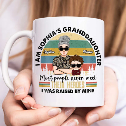White I am Sophias granddaughter mug with retro Nana and grandchild illustration and custom family quote mug gift