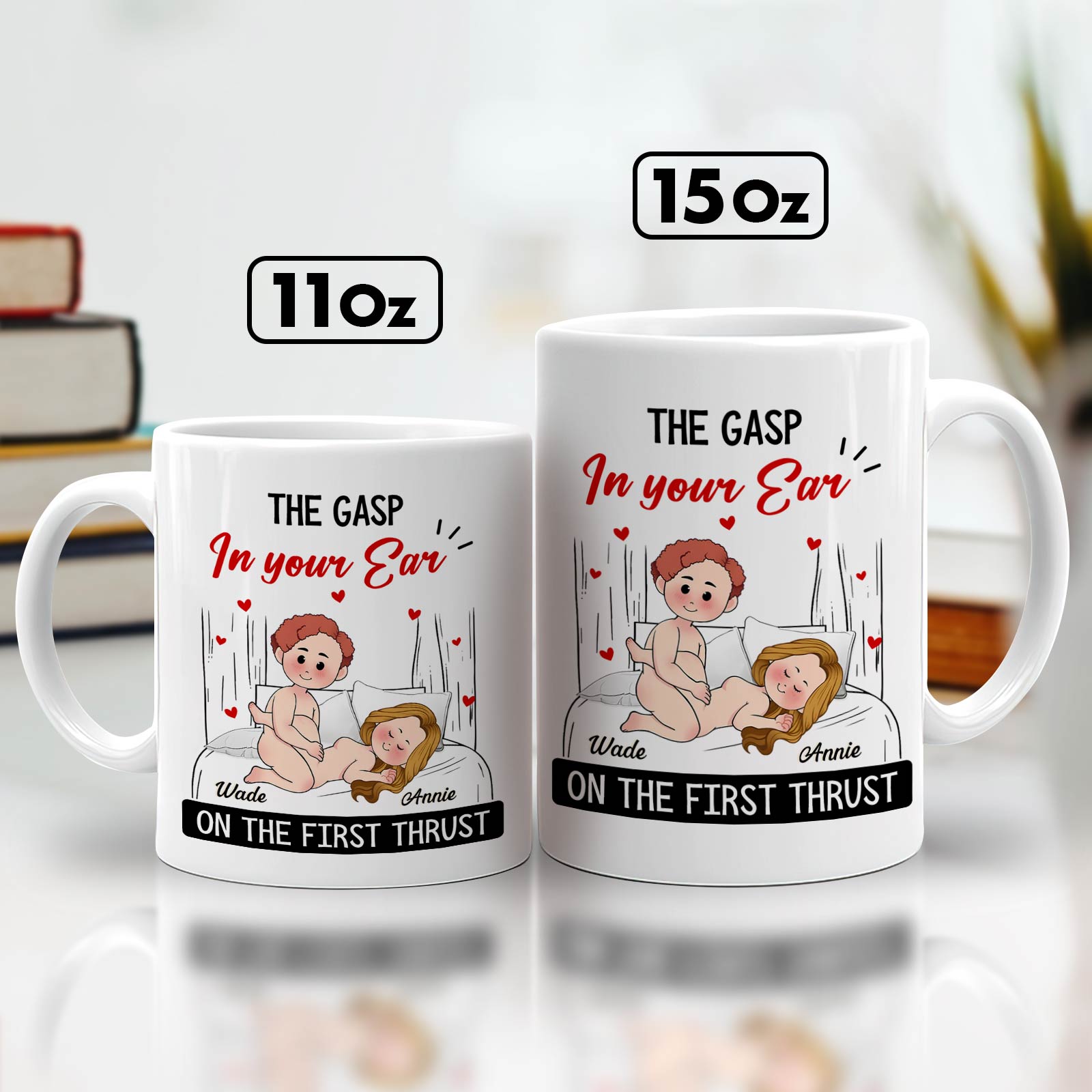 365Gifty custom first thrust mug gift set 11oz and 15oz with playful cartoon couple on bed