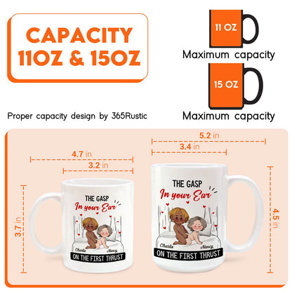 365Gifty white ceramic 11oz and 15oz mugs showing cartoon couple and text On the First Thrust custom first thrust mug gift