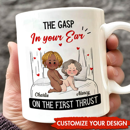 custom first thrust mug gift white ceramic mug with cartoon couple on bed and personalized names Charlie Nancy