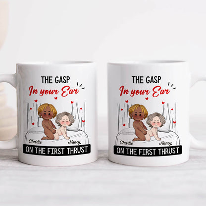 365Gifty white ceramic mugs showing cartoon couple in bed with text On the First Thrust and names custom first thrust mug gift