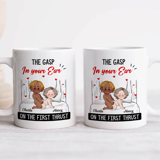 365Gifty white ceramic mugs showing cartoon couple in bed with text On the First Thrust and names custom first thrust mug gift