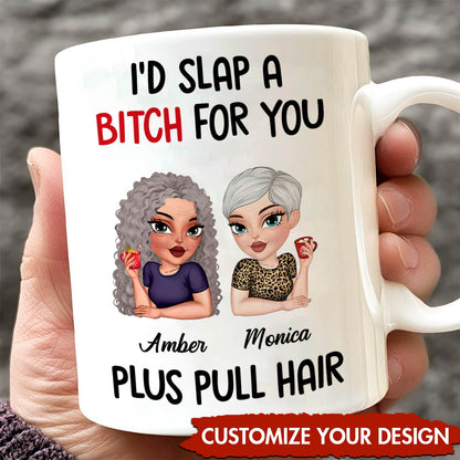 White ceramic custom funny friendship mug showing two female cartoon avatars named Amber and Monica holding cups