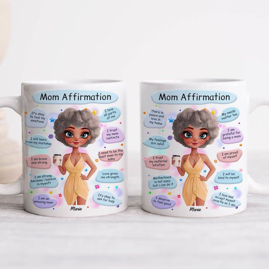 Pair of ceramic Mom Affirmation mugs featuring cartoon mom and positive phrases custom gifts for mom birthday