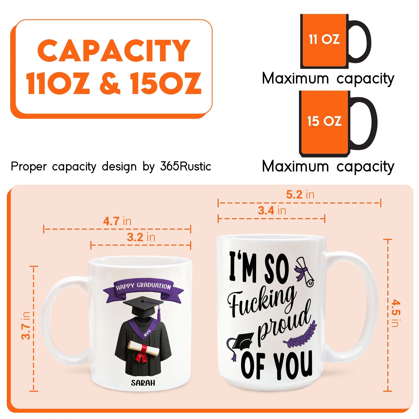 custom graduation gift mug showing 11oz and 15oz capacity and two personalized graduation mug designs