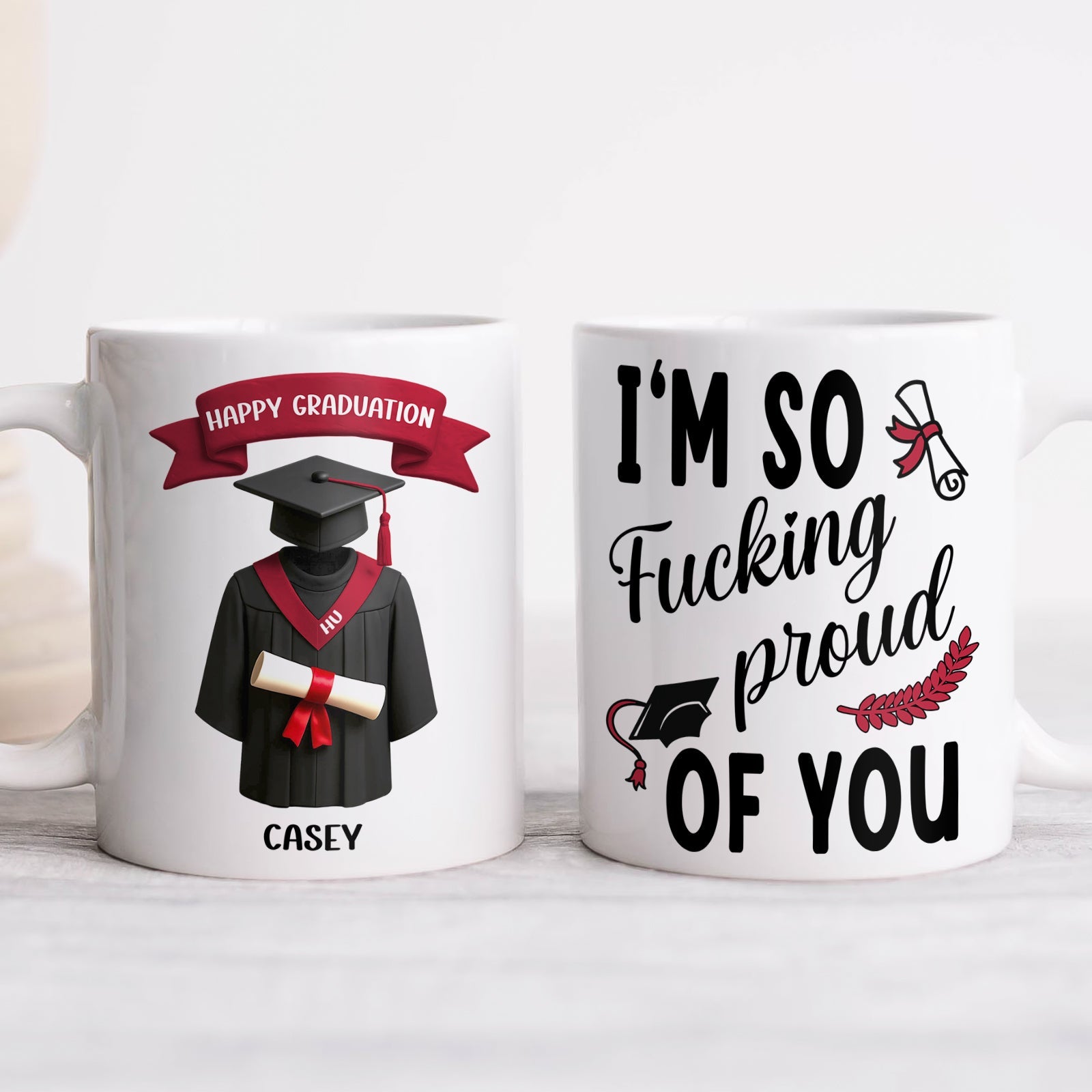 365Gifty custom graduation gift mug set showing cap and gown design and mug reading I am so fucking proud of you