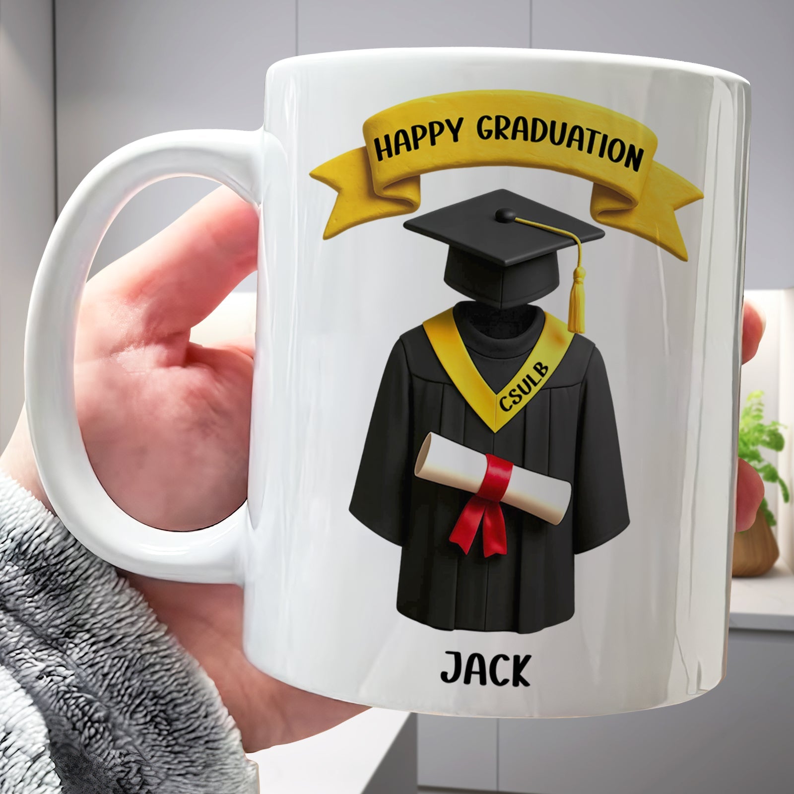 365Gifty custom graduation gift mug showing white ceramic mug with graduation cap gown diploma and name Jack