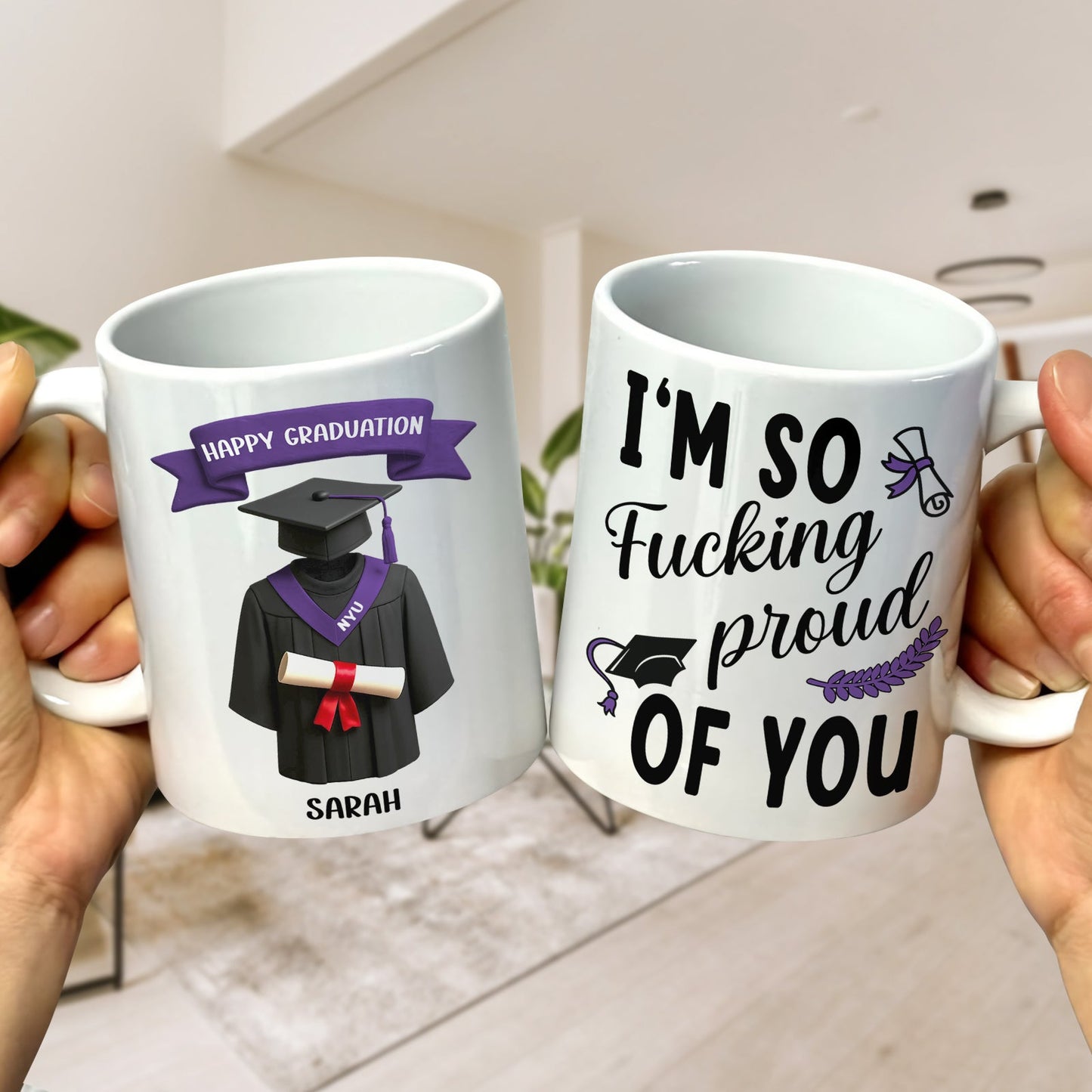 365Gifty custom graduation gift mug showing two white mugs with cap and diploma design and one personalized with name Sarah