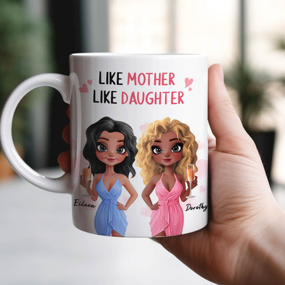 365Gifty custom like mother like daughter mug with two illustrated women in blue and pink dresses holding champagne glasses