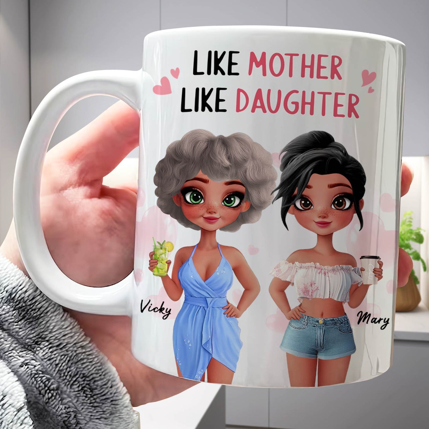 custom like mother like daughter mug featuring illustrated mother and daughter characters named Vicky and Mary