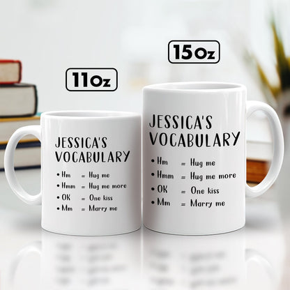 custom love vocabulary mug showing two white personalized mugs labeled Jessicas Vocabulary with shorthand phrases 11oz and 15oz