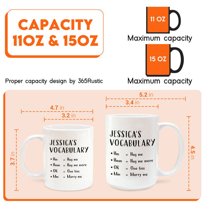 custom love vocabulary mug showing two personalized white mugs 11oz and 15oz with Jessicas vocabulary phrases