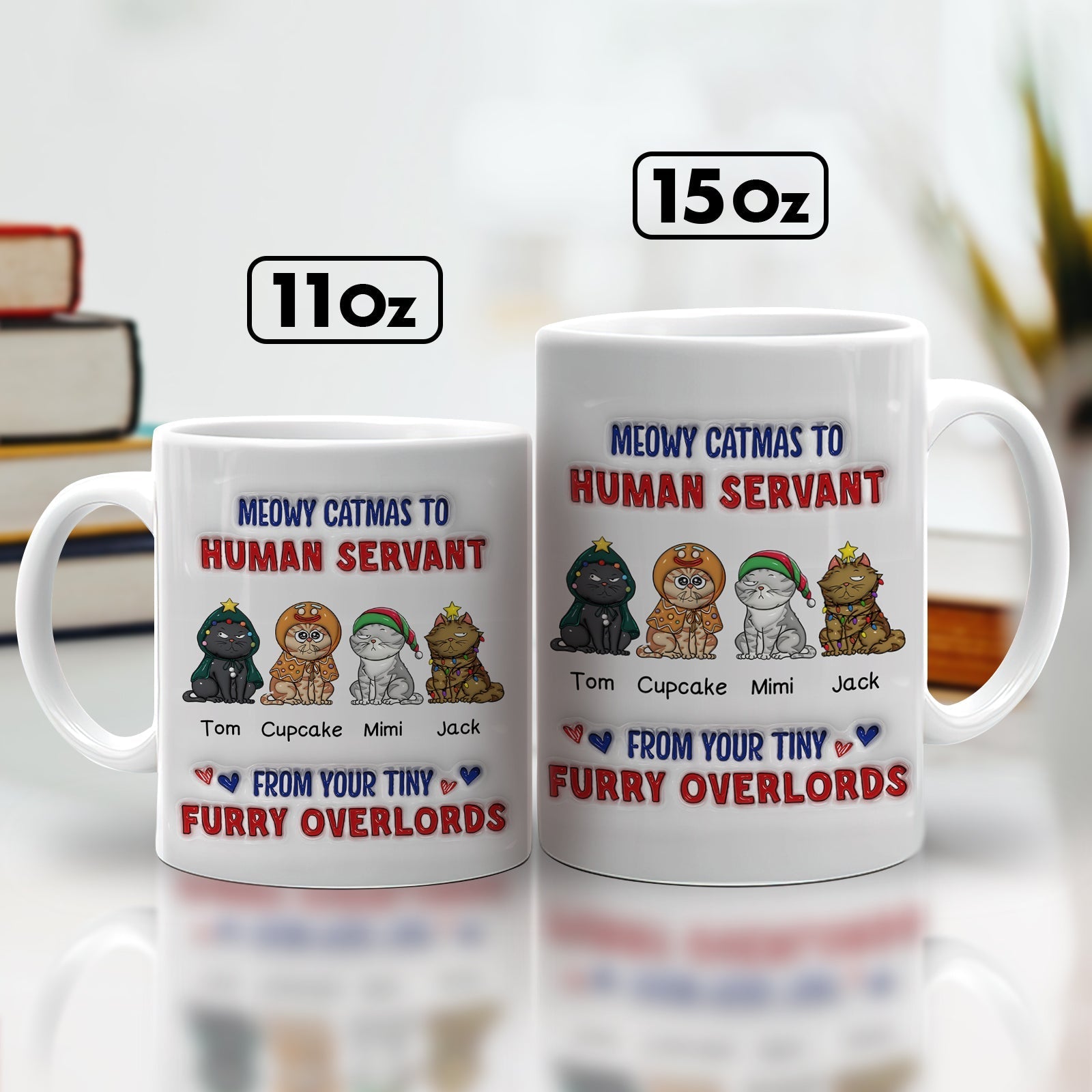 custom Meowy Catmas pet mug pair 11oz and 15oz white ceramic mugs with four cartoon cats and holiday text