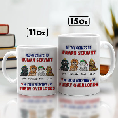 custom Meowy Catmas pet mug pair 11oz and 15oz white ceramic mugs with four cartoon cats and holiday text