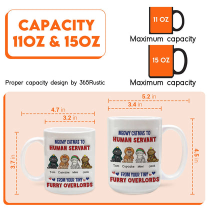 custom Meowy Catmas pet mug two white ceramic mugs 11oz and 15oz with cartoon cats and human servant design