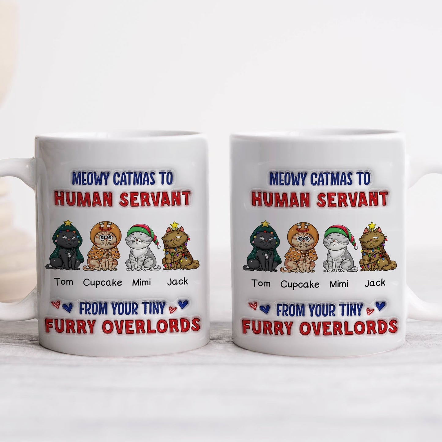custom Meowy Catmas pet mug featuring two white mugs with four cartoon cats and text Meowy Catmas to Human Servant