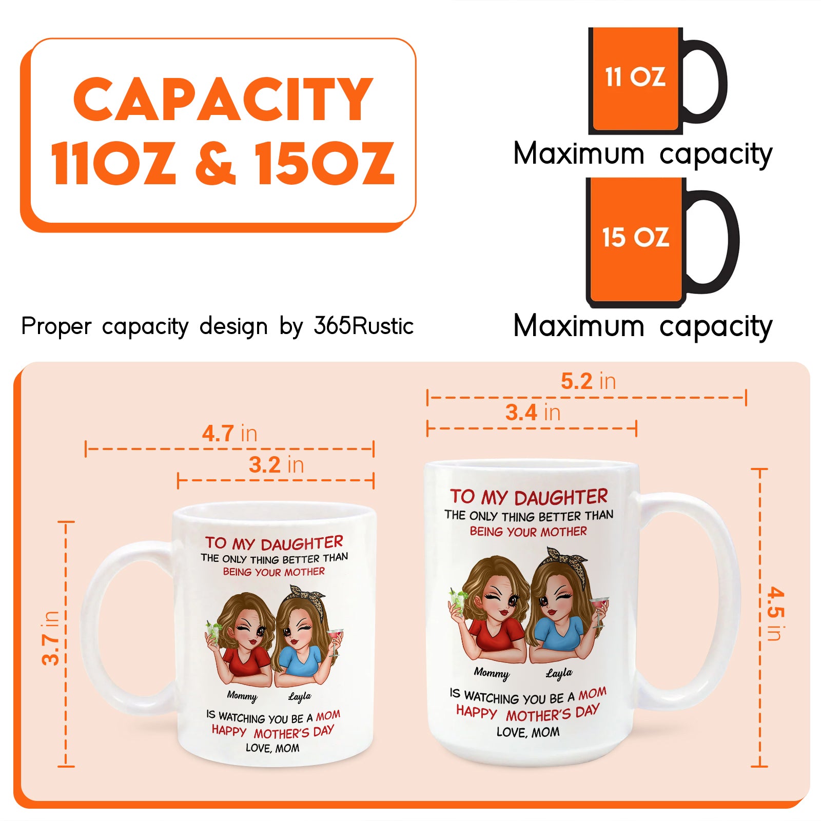 365Gifty white ceramic mugs showing illustrated mom and daughter with Mothers Day text, custom mom to daughter gift 11oz 15oz