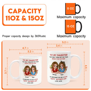 365Gifty white ceramic mugs showing illustrated mom and daughter with Mothers Day text, custom mom to daughter gift 11oz 15oz